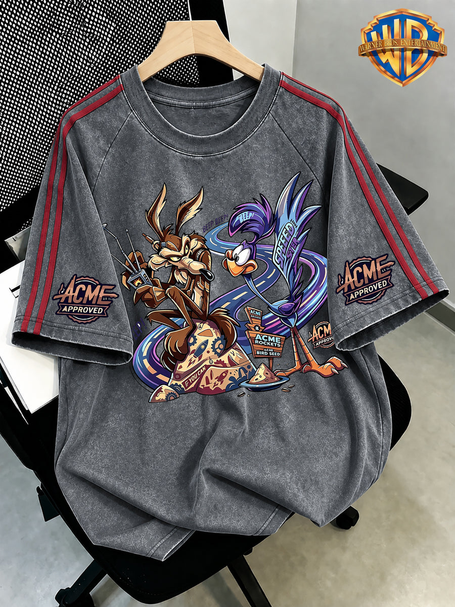 WB Warner Bros. Official License, American Retro Happy Tunes Highway Racing Distorted Heart Wolf Bip Bip Bird Pattern, Washed Loose Short Sleeve T-Shirt, Men'S Loose Retro Streetwear Outfit - Grey