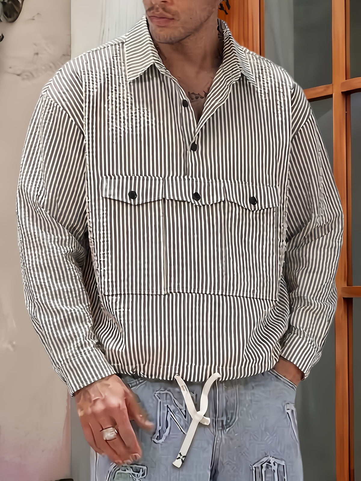 Men's Long Sleeve Thin Shirt, New Spring/Summer/Autumn Style with Puff Sleeves, Striped Lapel, Casual Shirt with Multi-functional Large Pocket, Suitable for Daily Outings, Outdoor Commuting, a Stylish and Versatile Casual Long Sleeve Shirt Top - Striped Shirt