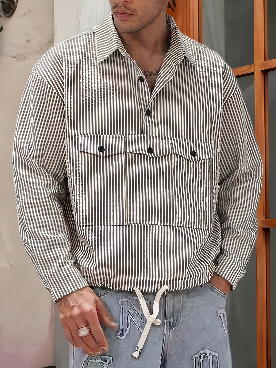 Men's Long Sleeve Thin Shirt, New Spring/Summer/Autumn Style with Puff Sleeves, Striped Lapel, Casual Shirt with Multi-functional Large Pocket, Suitable for Daily Outings, Outdoor Commuting, a Stylish and Versatile Casual Long Sleeve Shirt Top - Striped Shirt