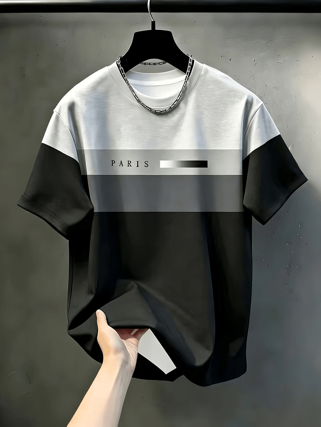 Men's Casual Crew Neck T-Shirt, Geometric Pattern Patchwork Striped Design, Draping Fashion Top, All-Season Wear, Breathable Regular Fit for Daily and Formal Outfits - Crew Neck Casual Top, Comfortable to Wear, Gift for Teens and Adults - Black