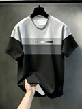Men's Casual Crew Neck T-Shirt, Geometric Pattern Patchwork Striped Design, Draping Fashion Top, All-Season Wear, Breathable Regular Fit for Daily and Formal Outfits - Crew Neck Casual Top, Comfortable to Wear, Gift for Teens and Adults - Black