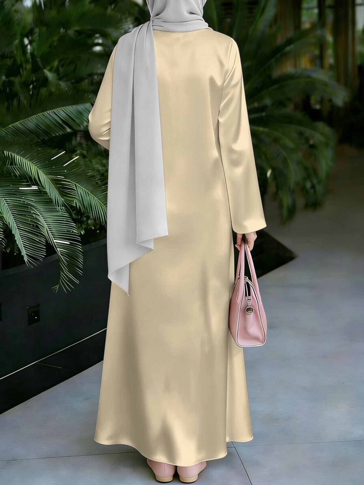 Women'S Hot Middle Eastern Style Muslim Elegant Robe, Beige Apricot with Vertical Stripes Printed Long Dress, Easy Straight Long Sleeve Cut, Home And Outing Wear, Excellent Drape Non- Craft - Mixed colors