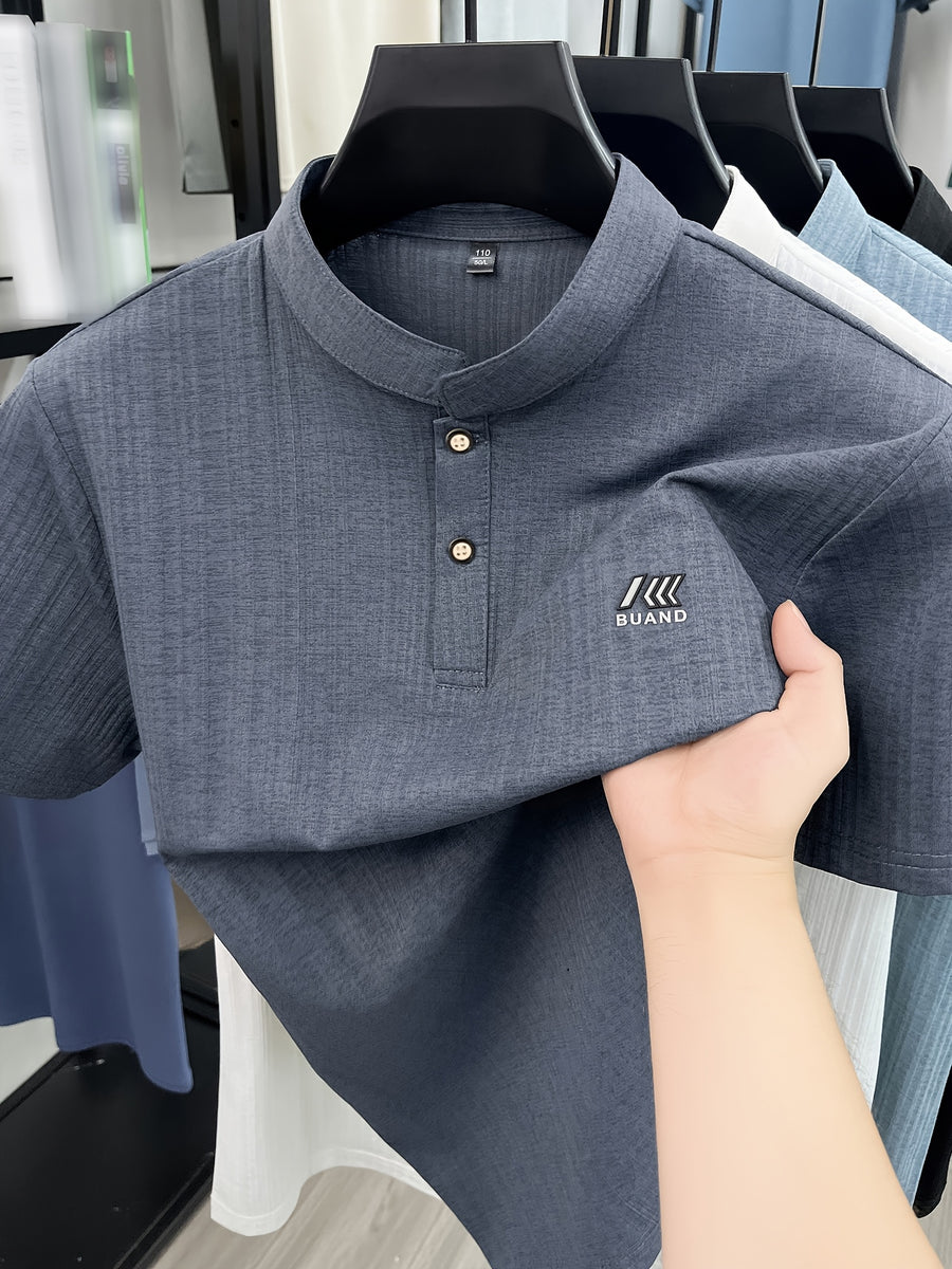 [Slight Stretch | Size up for Loose Fit] New Spring/Summer Men's Henry Shirt, Solid Color Half-Open Placket Single-Breasted Stand Collar Short Sleeve T-Shirt, Men's Business Casual Fashionable Breathable Versatile Polo Shirt, Chest Print Basic Tee - Grey
