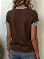 Striped Contrast Print Round Neck Short Sleeve T-Shirt, Women'S Easy Navy Small Heart Print Loose Casual Top - Coffee Brown