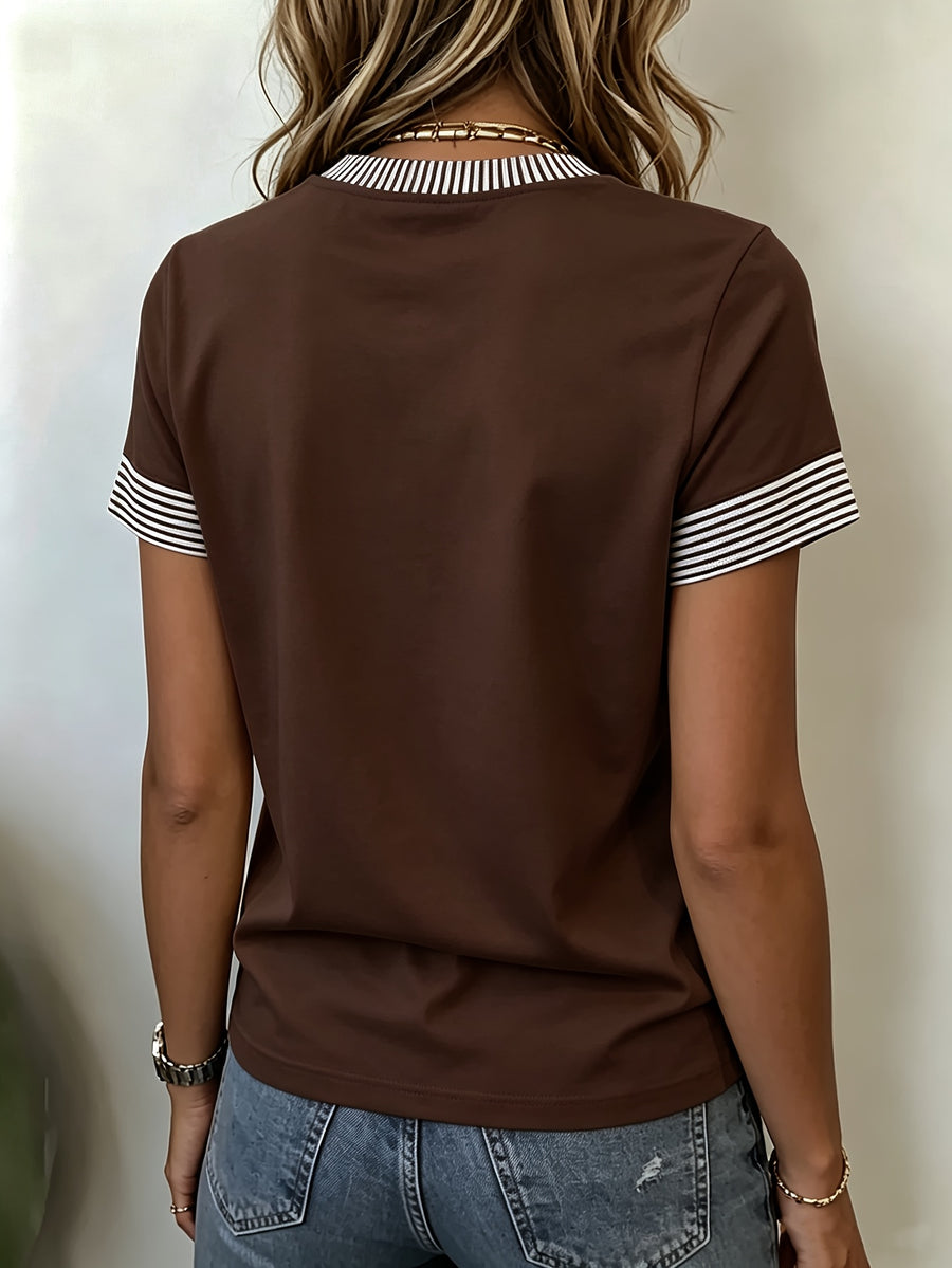 Striped Contrast Print Round Neck Short Sleeve T-Shirt, Women'S Easy Navy Small Heart Print Loose Casual Top - Coffee Brown
