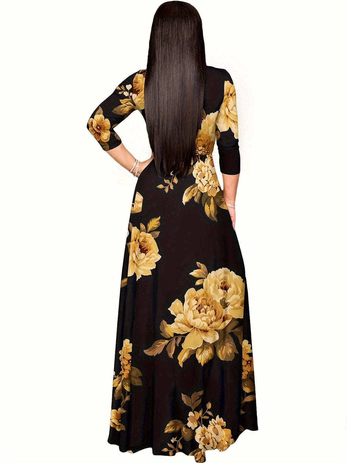 Women's Elegant V-Neck -Line Maxi Dress with & 3/4 Sleeves - Floral Print Midi-to-Maxi Length Dress for Spring Summer Wedding Guest, Dress - Machine Washable -Line Gown Suitable for Bridesmaids - Black