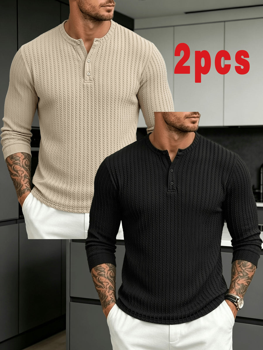 Halloween Thanksgiving Black Friday Cyber Monday Christmas Ultra V 2pcs Men'S Vertical Texture Henley Long Sleeve T-Shirts, High-Elastic Jacquard Fabric Slimming And Slimming, Semi-Open Button Collar Easy And Atmospheric - Black Khaki