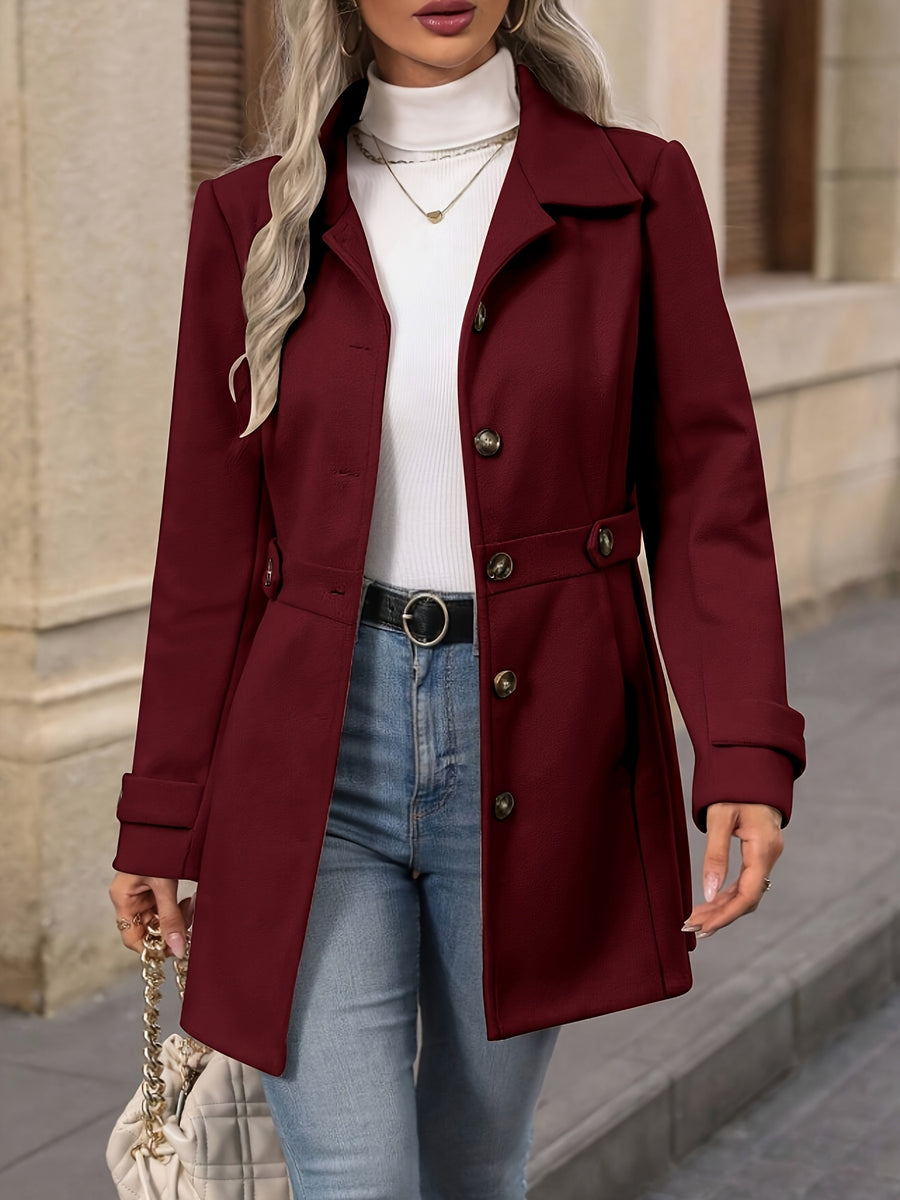 Elegant Women's Fashion Tweed Coat, Stylish Waist-Cinching Mid-Length Solid Color New Autumn/Winter Overcoat - Burgundy