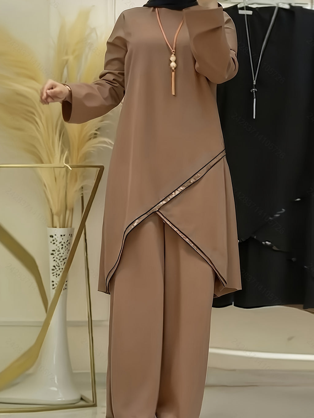720# Solid Color Spring And Summer Muslim Two-Piece Outfit, Round Neck Sequin Long-Sleeve Top And Loose-Fit Trousers Casual Ensemble - Coffee Brown