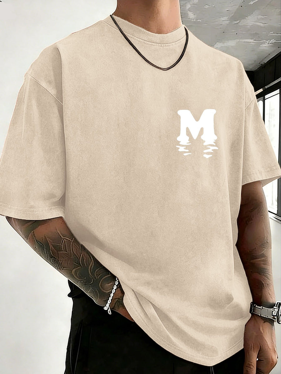 Unisex 100% Cotton Washed Vintage Crew Neck Short-Sleeve T-Shirt, Double-Sided Position Print, Trendy Loose Casual Top, 12 Colors Available - Apricot