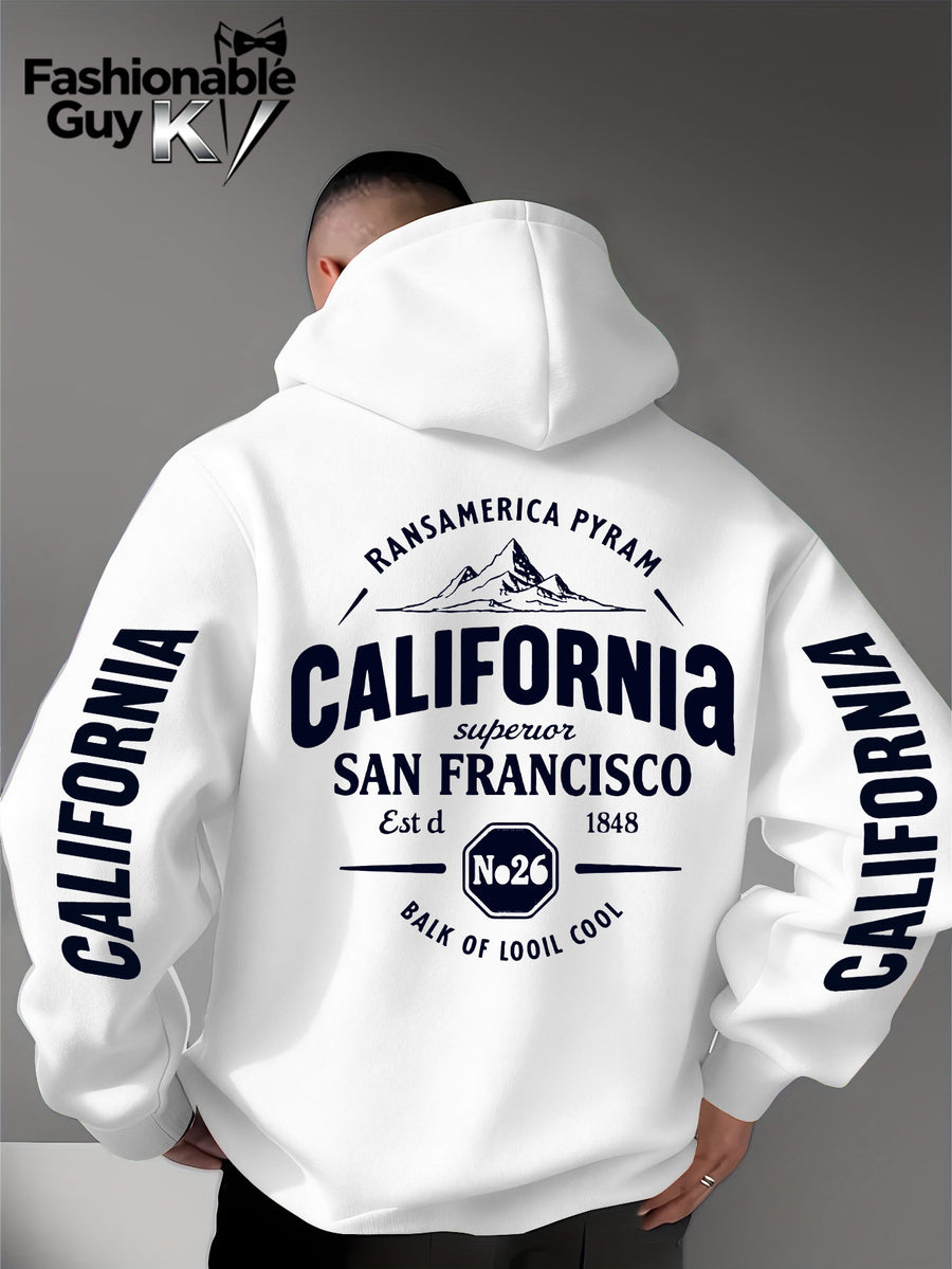 Hooded Sweatshirt with Street Culture Symbols: Featuring a "CALIFORNIA" Print That Embodies the Grandeur of the Wilderness and the Pioneering Spirit, This Sweatshirt Serves as an Exclusive Symbol for Street Culture Enthusiasts to Connect - White