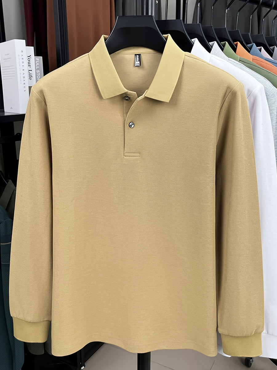 Spring and Autumn Men's Lapel Polo Shirt, Fashionable Solid Color Base Layer Top, Versatile Business Casual Long Sleeve T-Shirt, Suitable for Daily Work Scenes, The Best Gift for Friends and Relatives - Beige Yellow