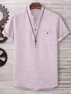 -Border Trade Men'S Fashion Summer Casual Short-Sleeved Henley Shirt by Pearson Selected - Pink Color