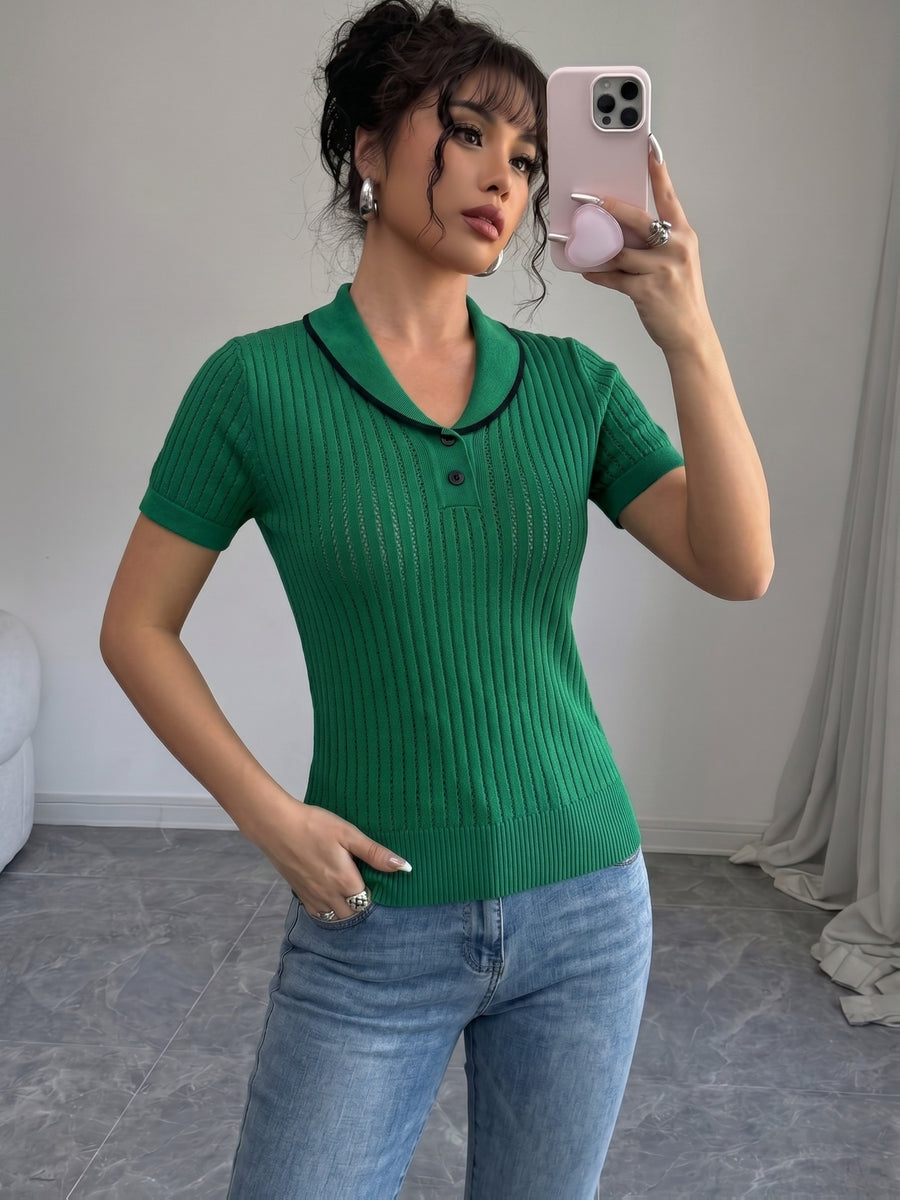 Women'S Summer Clothing Short Sleeve Solid Color Sweater, Lapel Hollow Out Design, Slim Fit Style Pullover, Spring Summer Season - Green