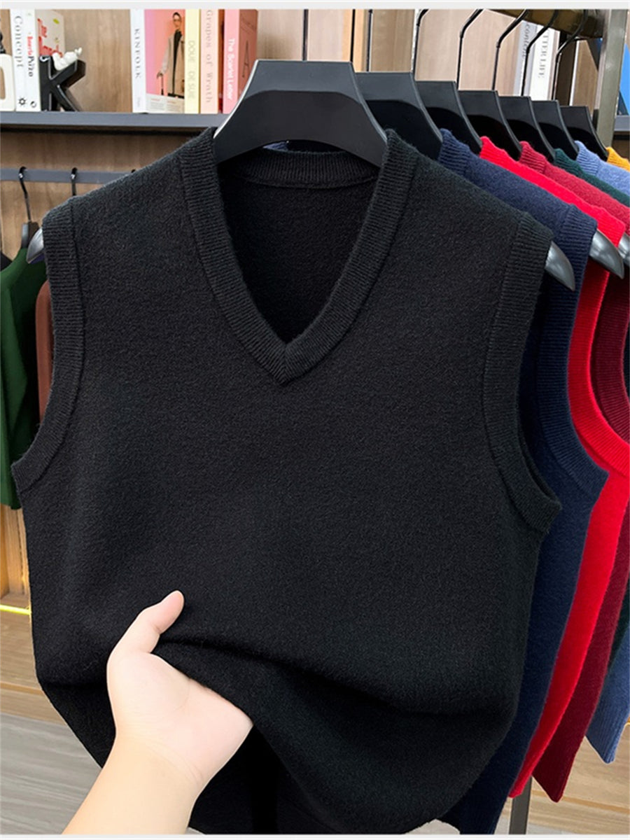 Autumn/Winter Knitted Solid Color V-Neck Sweater, Basic Knit Pullover, Men's Fashion Knit Vest ZYR - Black