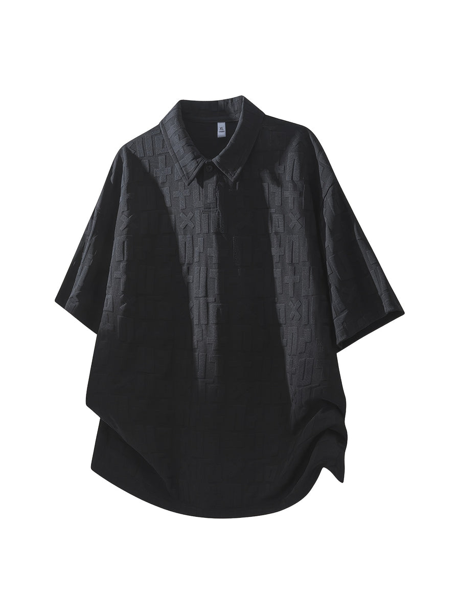 Men'S Summer Jacquard Textured Short Sleeve T-Shirt, Premium Casual Loose Top - Black