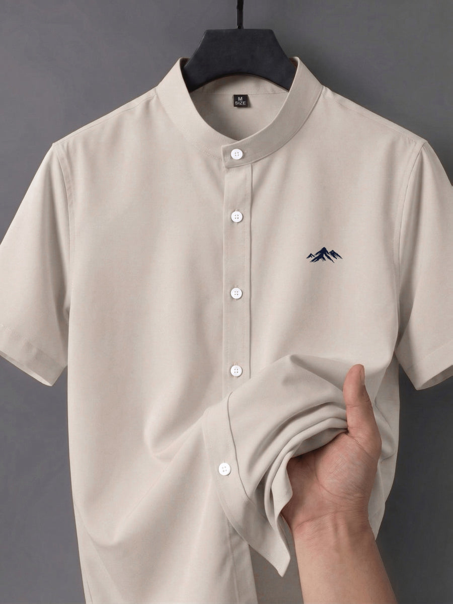 Men's Short-sleeve Shirt with Stand-up Collar/Henley Collar Design, Featuring Exquisite Peak-shaped Embroidery on the Chest - Khaki