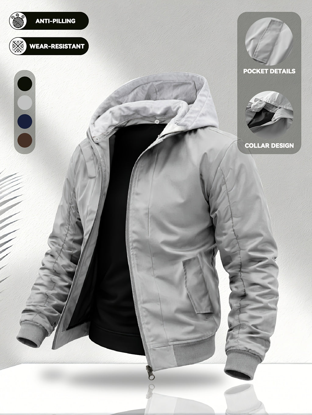 Men'S Hooded Jacket, Stretch Cuffs And Hem, American Retro Casual Commuter All-Match Style, Easy Design, Wear-Resistant Woven Fabric, Smooth Zipper Closure - 5661 - Light Grey