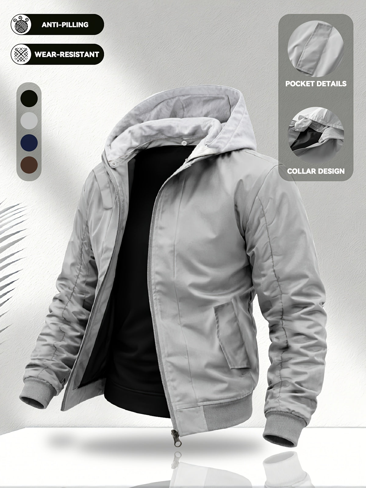 Men'S Hooded Jacket, Stretch Cuffs And Hem, American Retro Casual Commuter All-Match Style, Easy Design, Wear-Resistant Woven Fabric, Smooth Zipper Closure - 5661 - Light Grey