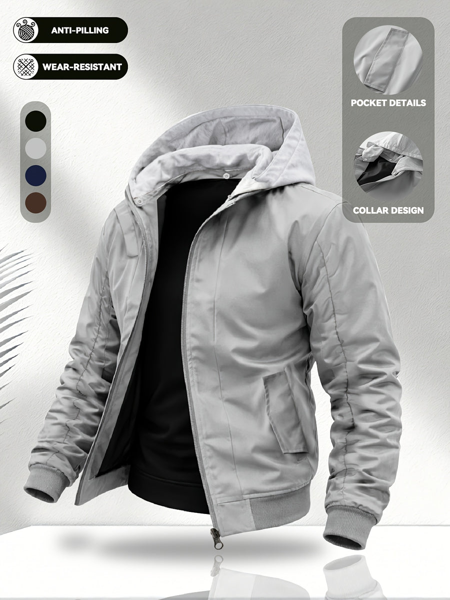 Men'S Hooded Jacket, Stretch Cuffs And Hem, American Retro Casual Commuter All-Match Style, Easy Design, Wear-Resistant Woven Fabric, Smooth Zipper Closure - 5661 - Light Grey