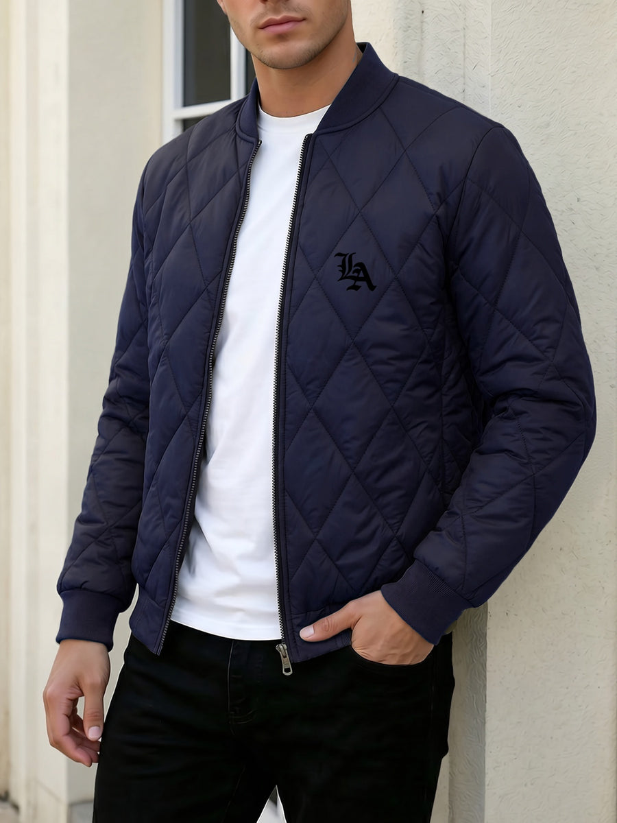 Autumn Winter New Fashion Trendy Black LA Pattern Outdoor Activity Casual Commute Leisure Baseball Collar Classic Style Men'S Non-Stretch All-Match Striped Jacket Coat - Navy Color
