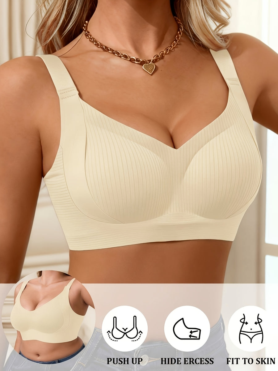 1pc Women'S Seamless Pinstripe Bra Without Underwire, Adjustable Wide Straps, Back with 4 Rows of Buttons, Comfortable Support Without Underwire, Gathering And Lifting Daily Lingerie, Soft And Breathable Removable Cups, Shaping Tight Fit Innerwear - Off-white