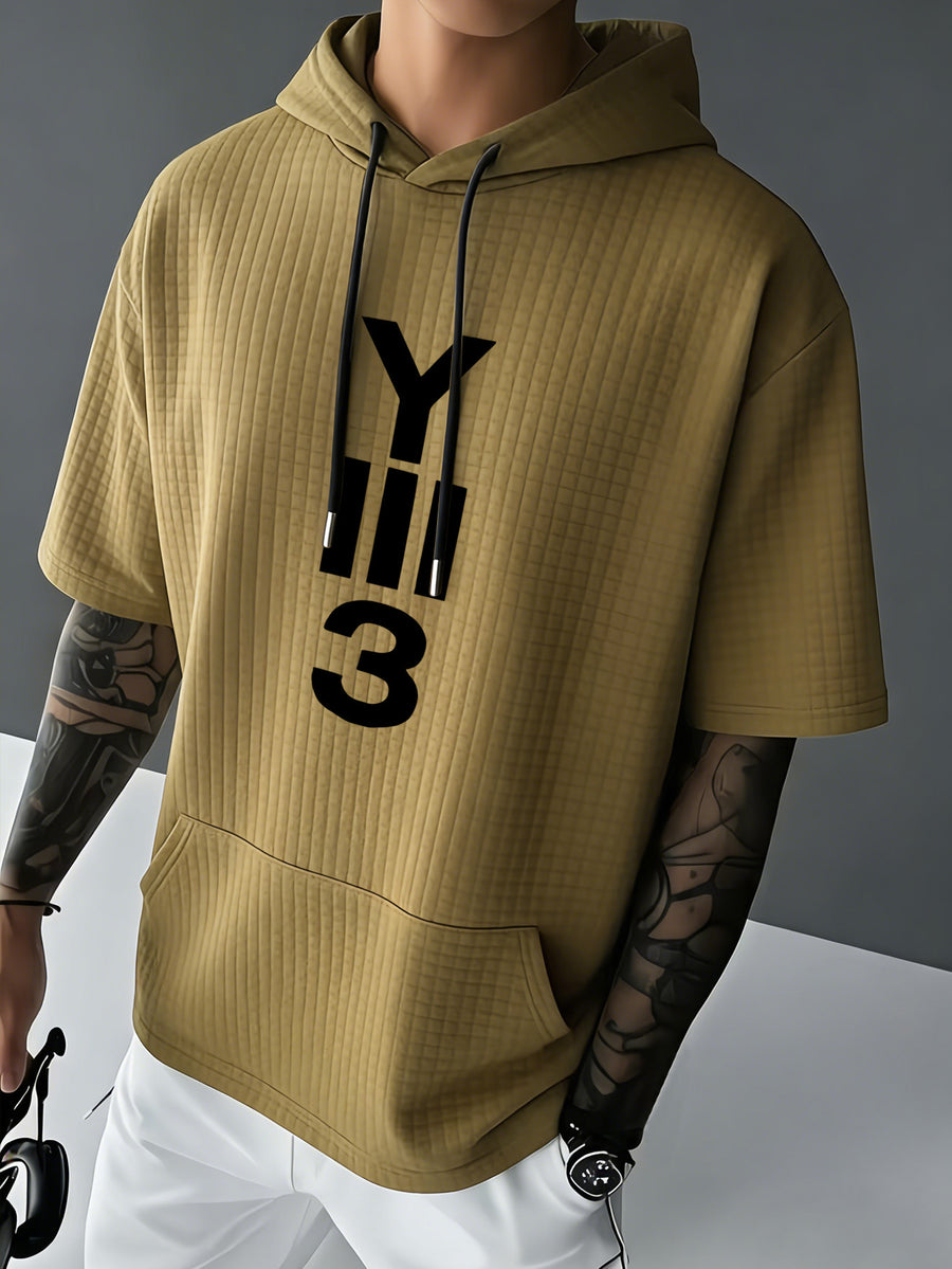 Y3 Men's Waffle Knit Short Sleeve Hooded Sweatshirt with Comfortable Print and Drawstring, Short Sleeve T-Shirt with Pocket, Summer Casual Fashion Men's Apparel, Suitable for Outings and Home Wear, Suitable for Daily and Formal Wear, Simple Summer - Khaki
