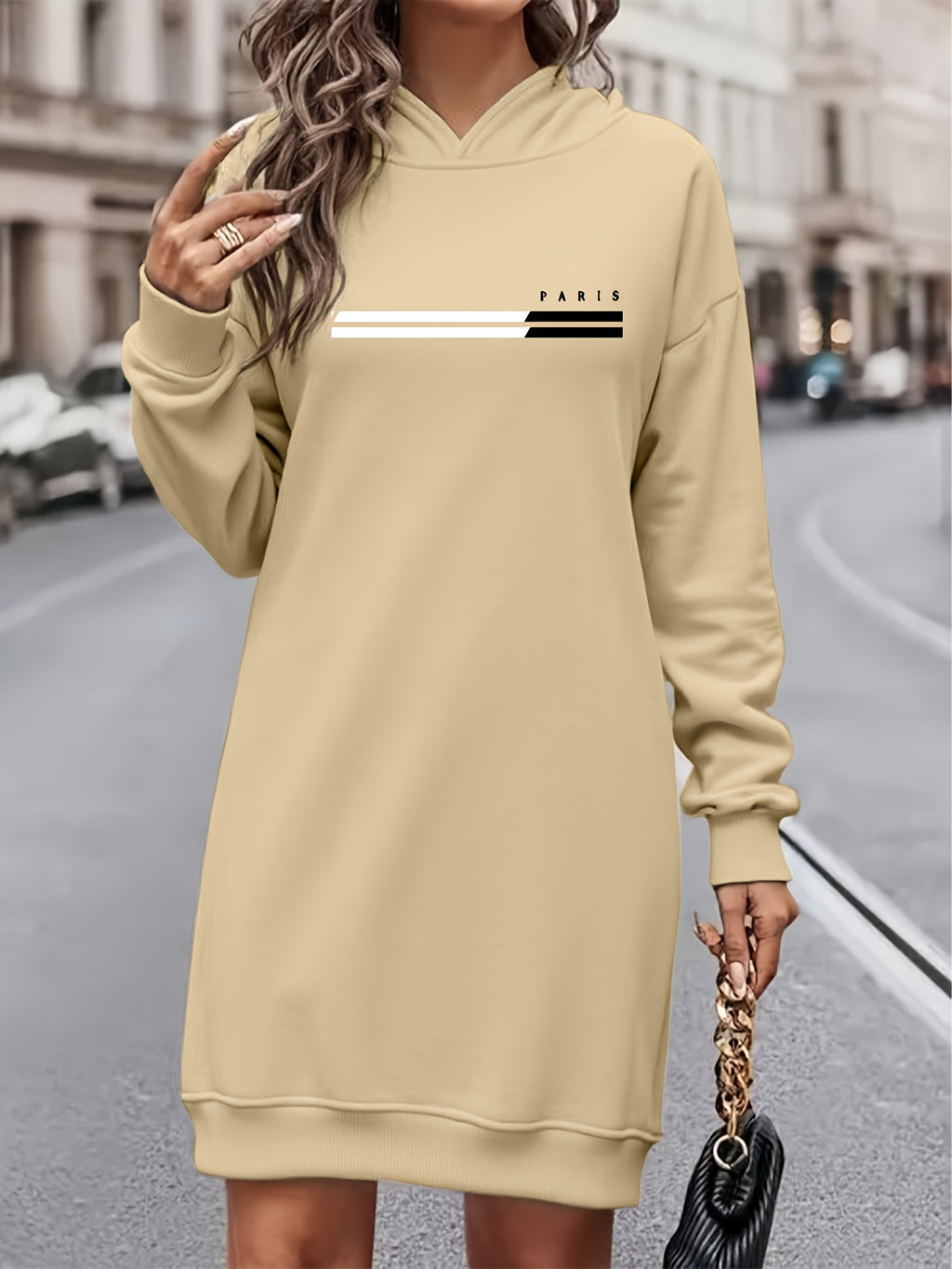 Women'S Fashion Letter Print Hooded Dress, Women'S Fall Winter Premium Trendy Street Style Age-Reducing Fleece Color-Block Hooded Sweatshirt Casual Top, Casual Versatile Hoodie, Jacket, Pullover Shirt, Long Sleeve Sweater, Elegant - Apricot