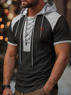 ROYALBOY Spring New Arrival: Hooded Short Sleeve with Dual-Color Waffle Knit Patchwork and Eyelet Drawstring Design. Versatile for Daily Wear, Fashionable Casual Style, Suitable for Gatherings and Parties. Machine Washable, Not Dry Cleanable - Black