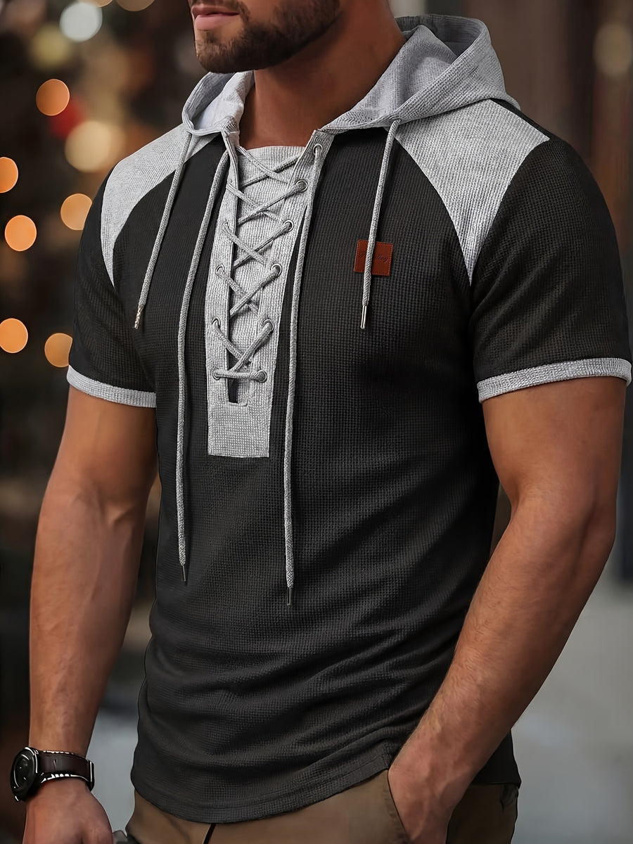 ROYALBOY Spring New Arrival: Hooded Short Sleeve with Dual-Color Waffle Knit Patchwork and Eyelet Drawstring Design. Versatile for Daily Wear, Fashionable Casual Style, Suitable for Gatherings and Parties. Machine Washable, Not Dry Cleanable - Black