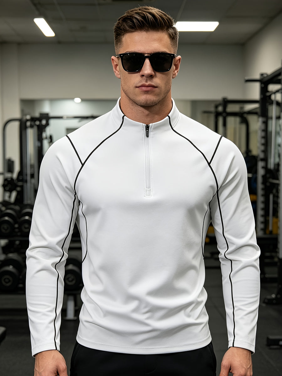 Single Pc Men'S Multi-Color Elastic Sports Fabric Long Sleeve Shirt, Half-Zipper Stand Collar, Contrast Line Decoration, Drop Shoulder Structure, Easy Techwear Style, Spring/Autumn Fit Waist-Cinching Shape - Cloud Frost White