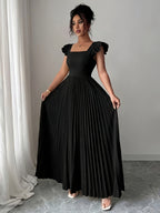 Women'S Elegant Floral Print Pleated Hem Long Dress, Summer - Black