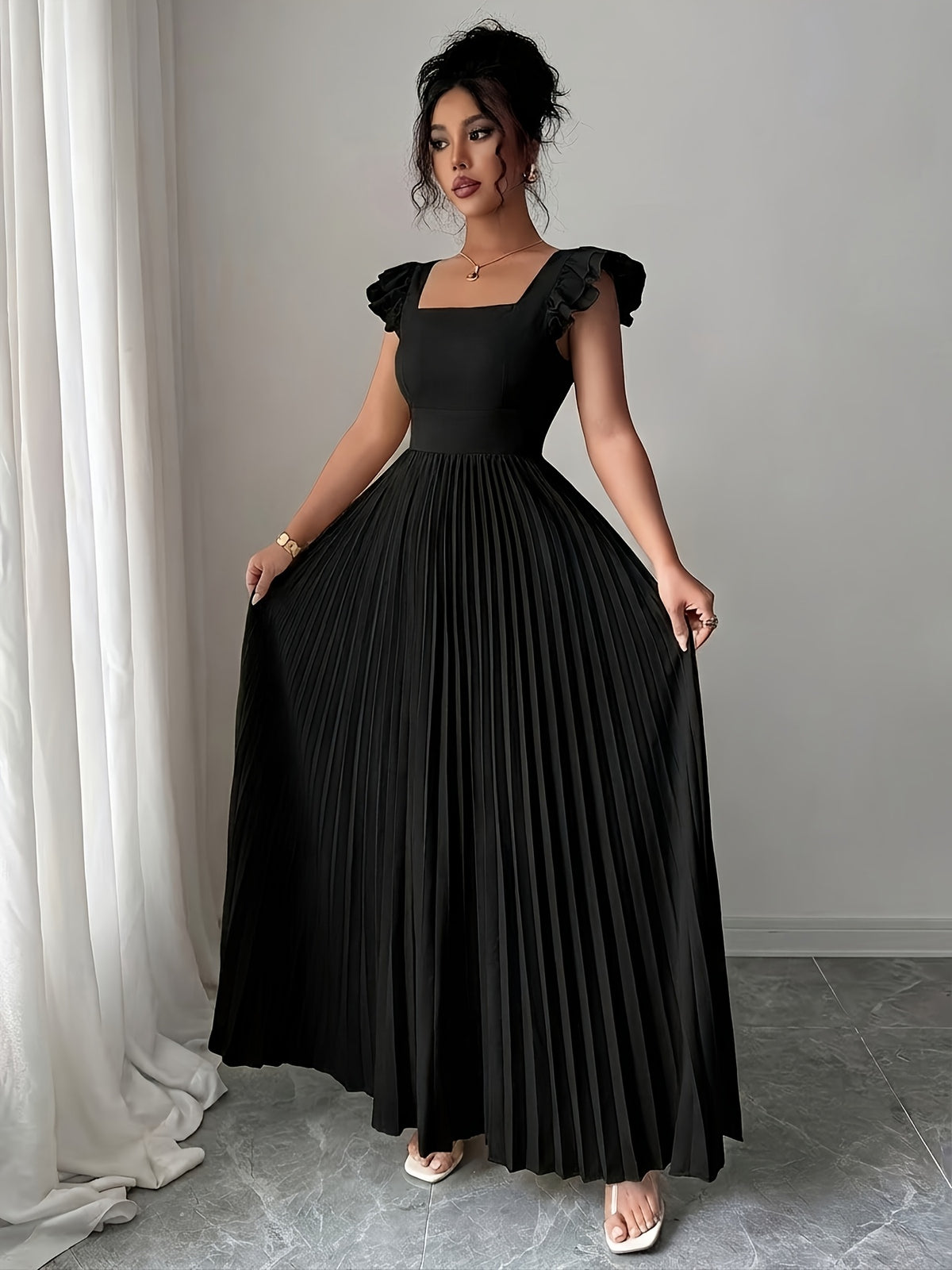 Women'S Elegant Floral Print Pleated Hem Long Dress, Summer - Black
