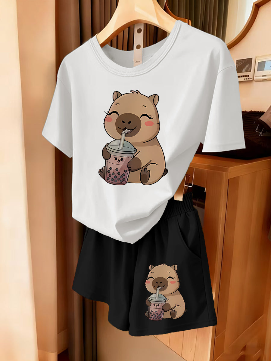2pcs Women's Spring Summer Short Sleeve & Shorts Matching Outfit - Capybara Print Pajamas Gym Wear Sleepwear, Soft Breathable Pajamas, Valentine's Day Gift, Machine Washable 2pcs Set - White+black