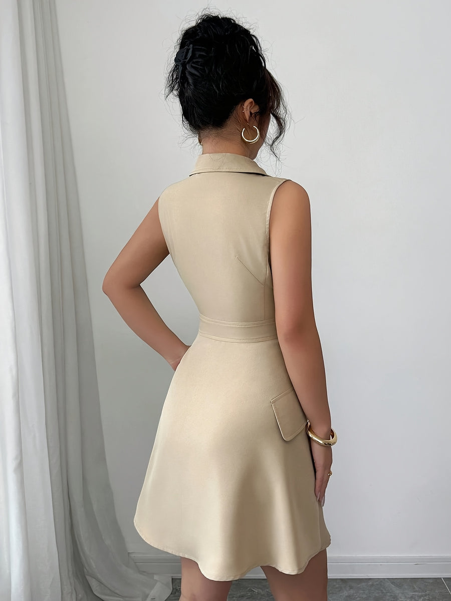 A Stylish Women'S Sleeveless Mini Dress with a French Collar, Featuring a Double-Button Waist And Decorative Faux Pockets - Khaki