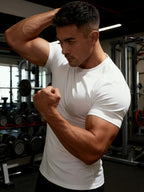 1pc Breathable High-Elasticity Quick-Dry Crew Neck White Men's T-Shirt, Moisture-Wicking, Suitable for All Seasons, Ideal for Gym Workouts, Outdoor Hiking, Sports Running, Beach Leisure, and Home Wear, Men's Short Sleeve - White