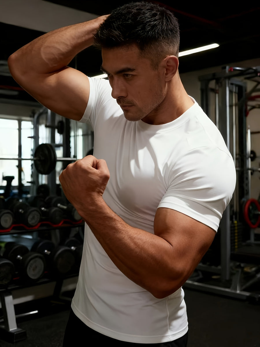 1pc Breathable High-Elasticity Quick-Dry Crew Neck White Men's T-Shirt, Moisture-Wicking, Suitable for All Seasons, Ideal for Gym Workouts, Outdoor Hiking, Sports Running, Beach Leisure, and Home Wear, Men's Short Sleeve - White
