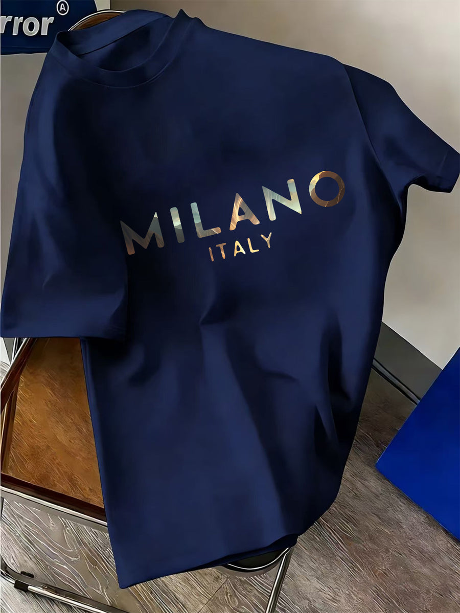Italian Luxury Style! MILANO Gradient Letter Print Heavyweight Men's Short Sleeve T-Shirt, Trendy Loose Half Sleeve - Navy Color