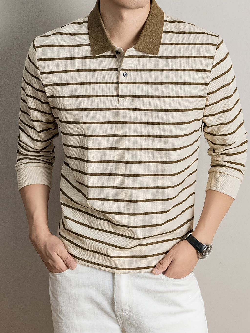 2026 Autumn Men's Long-Sleeve Striped Casual Lapel Polo Shirt - Apricot