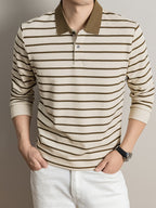 2026 Autumn Men's Long-Sleeve Striped Casual Lapel Polo Shirt - Apricot