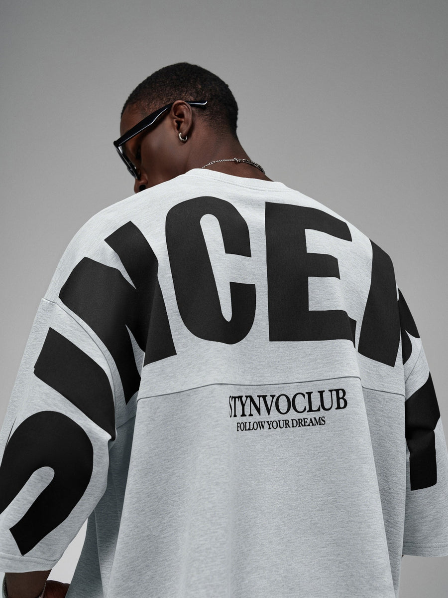 1pc Summer Men'S Oversized Letter Fashion Print 3/4 Sleeve Loose Round Neck T-Shirt - Grey