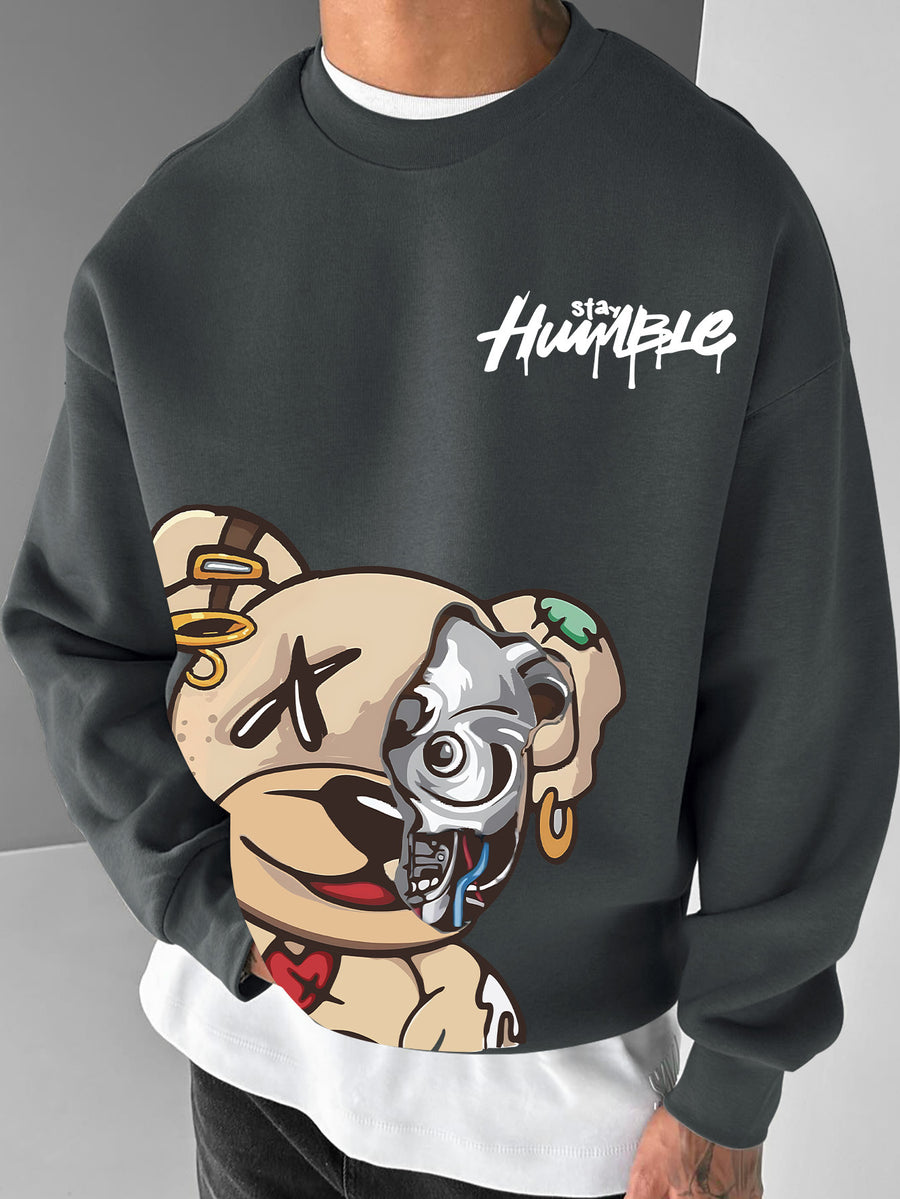 A Men's Crewneck Sweatshirt with a Streetwear-style Creative Patch Featuring a Small Bear Print - Grey