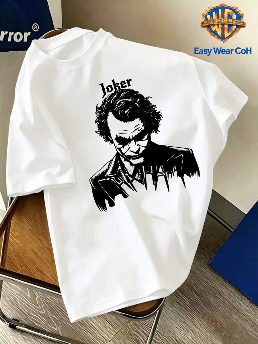Warner Official Licensed Men'S New Front Back Print Round Neck Short Sleeve T-Shirt, Hand-Drawn Sketch Style Joker JOKER Black And White Sketch HA HA Laughing Element Line Print Design, Breathable Skin-Friendly Soft Fabric - White
