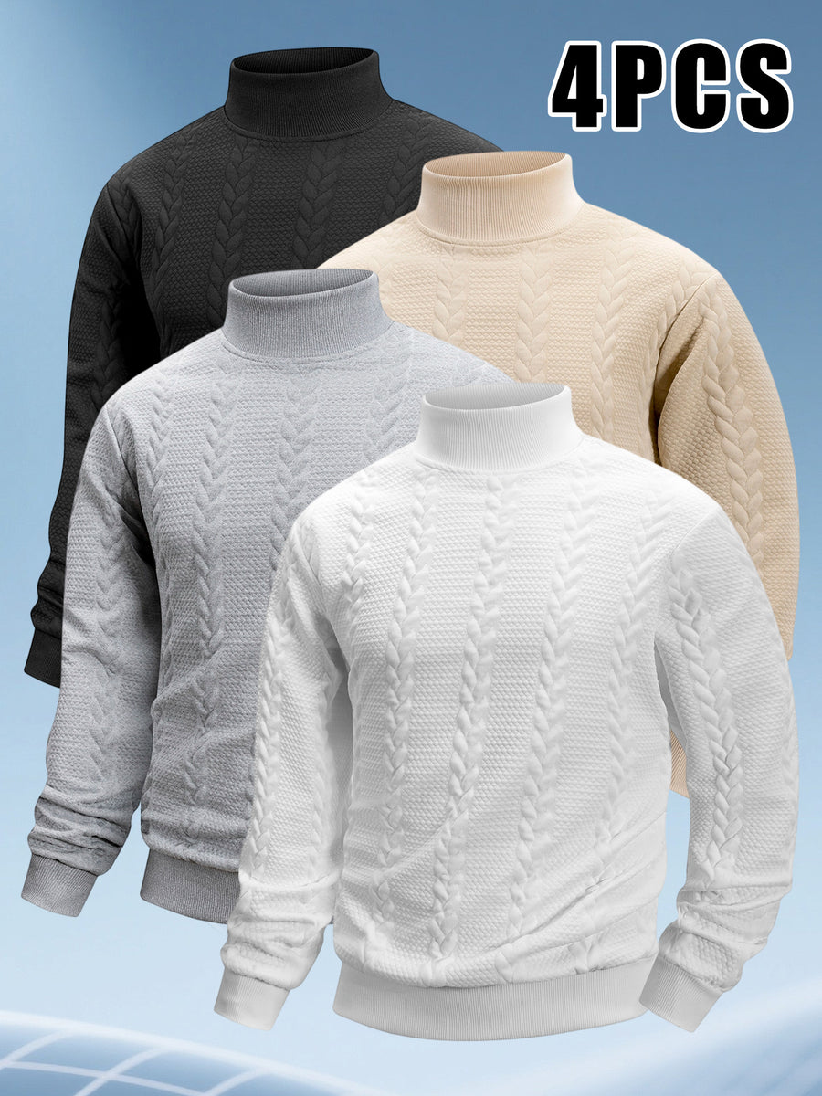 4pcs Men's Stand Collar Knit Textured Long-Sleeve Sweatshirt, Fashionable Comfortable Breathable Casual Sportswear, Solid Color Versatile Trendy Athletic Top, Pilling-Resistant, Ribbed Cuffs, Suitable for Outdoor Sports, Daily Wear, Running, Fitness - Black + + Light Gray + Khaki