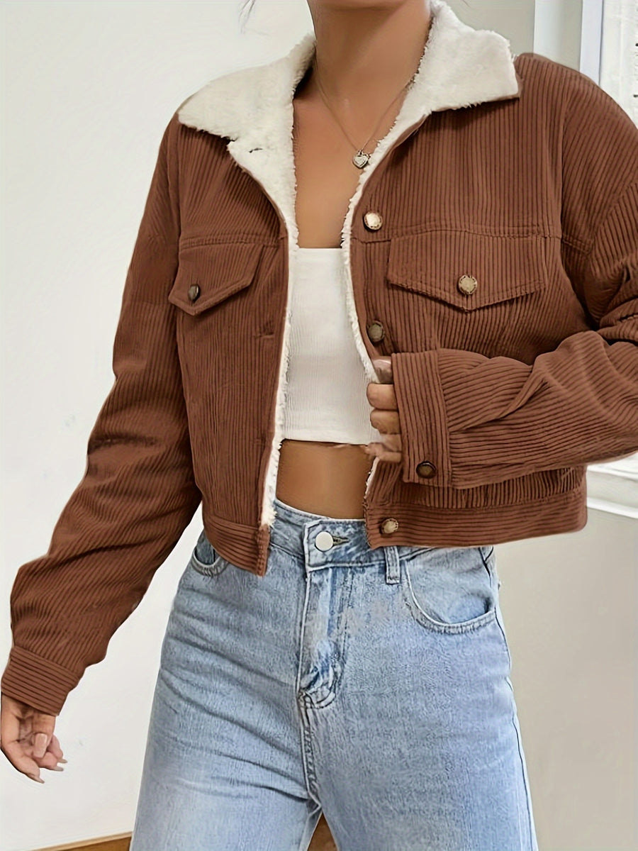 Women'S Short Corduroy And Lamb Jacket for Autumn And Winter, Featuring a Fleece Collar, Versatile Korean-Style Warm Top - Dark Brown