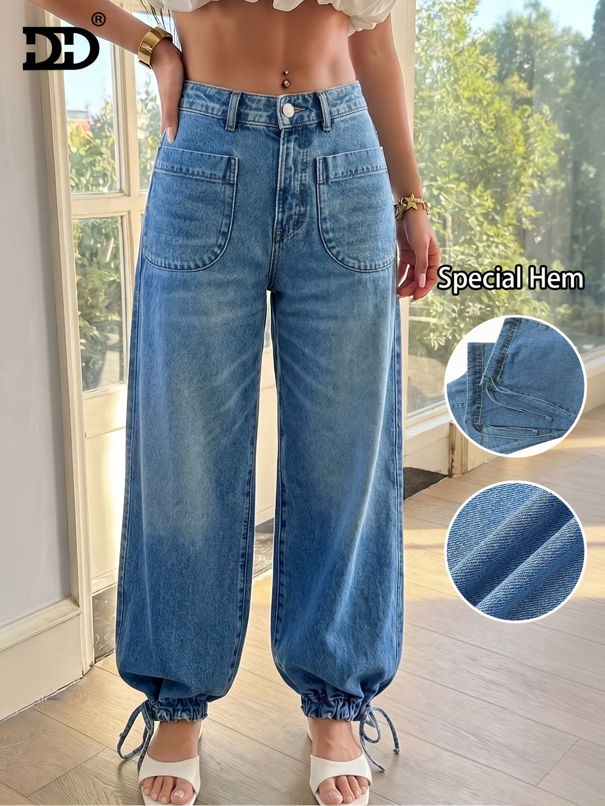 DD Women'S 2026 New Washed Blue Denim Fabric Relaxed Cropped Jeans, Elastic Back Waist, Loose Straight Leg with Drawstring Hem Ankle Rope Pants, Street Style, Mid-Rise Tummy Control Boyfriend Wide-Leg Trousers, Suitable for Travel, Party, And Office - Medium Blue