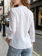 Women's Elegant Solid Color Button- Shirt - Half-Open Collar Top with Button Placket, Loose Fit Long Sleeve Suitable for Spring/Summer, Casual Office Wear, Semi-Sheer Layering for Home & Daily Commuting - White