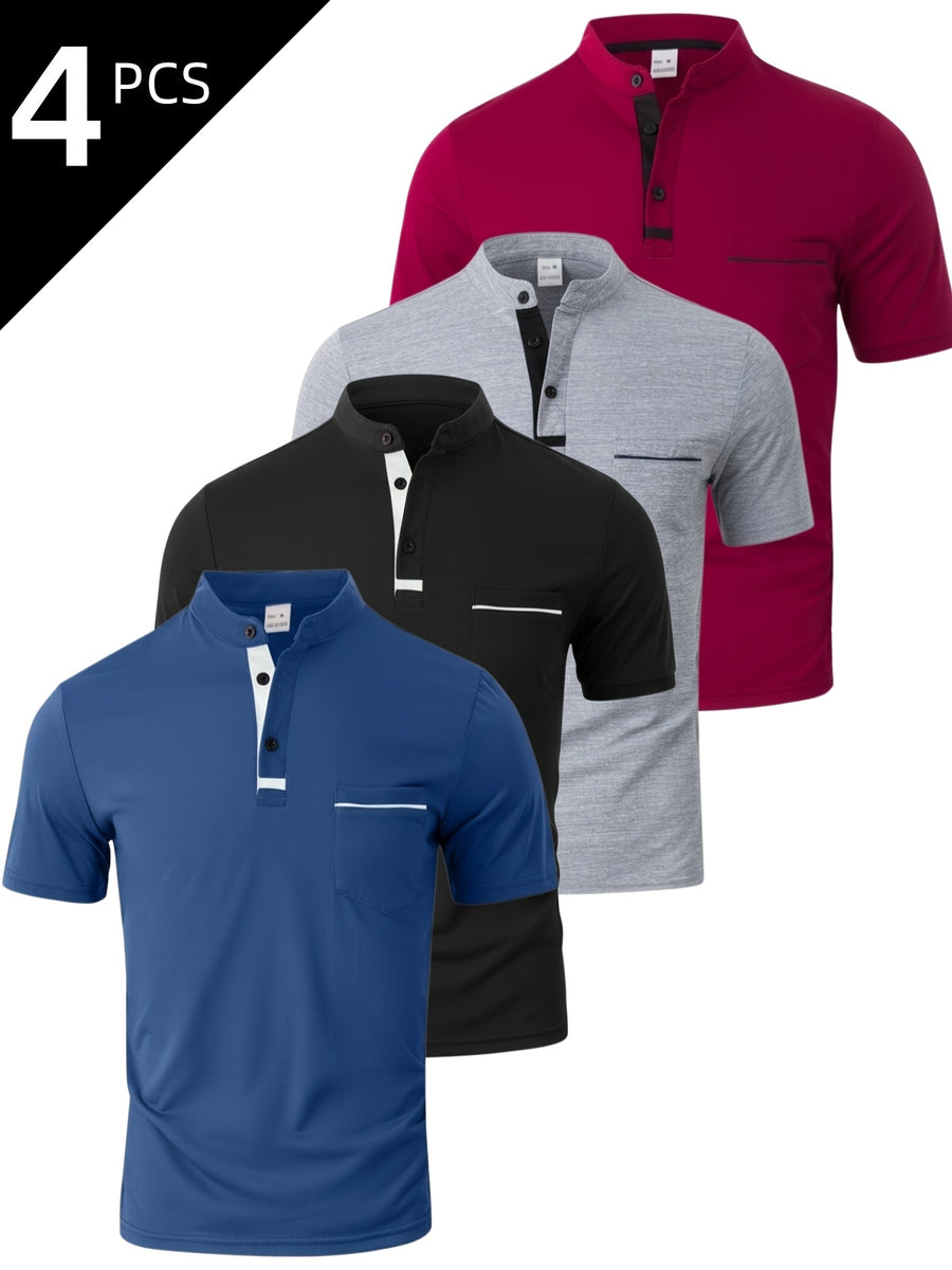 [Josh May OBM] 4pcs Set, Solid Color Stand-Up Collar Henley Shirts, Breathable Quick-Dry Casual Shirts, Lightweight Stretch, No Ironing Required, Durable And Wearable, Button-Up Design, Suitable for Summer Office, Yacht Wear, Casual Attire - Black+Grey+Sea Blue+Wine Red