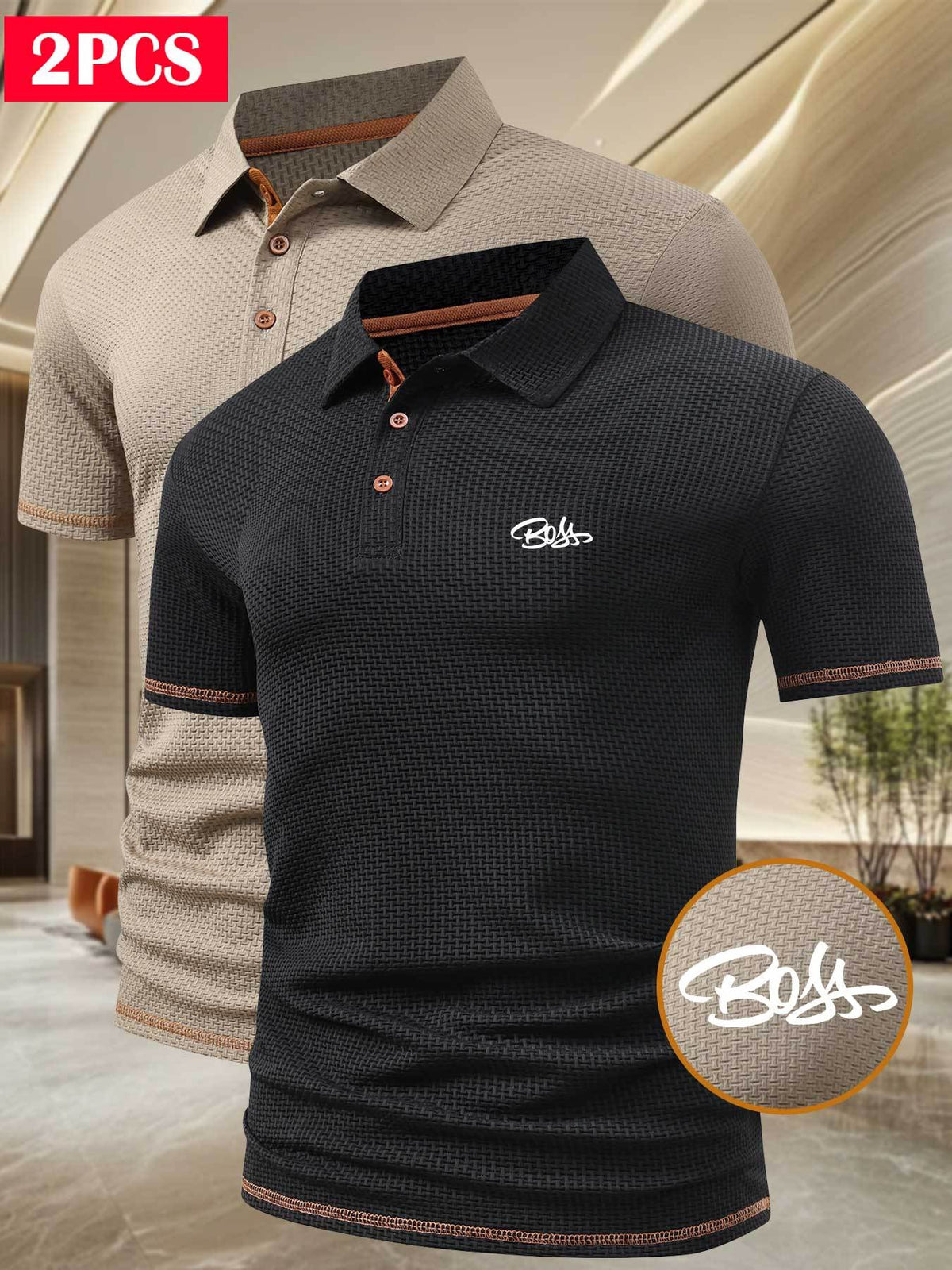 A06-1576BOSS Men's 2pcs Waffle Knit Textured Short-Sleeve Polo Shirt, Three-Dimensional Breathable Non-Deforming T-Shirt, Summer Business Casual Versatile Durable Men's Top, Multiple Colors Available - Khaki Black