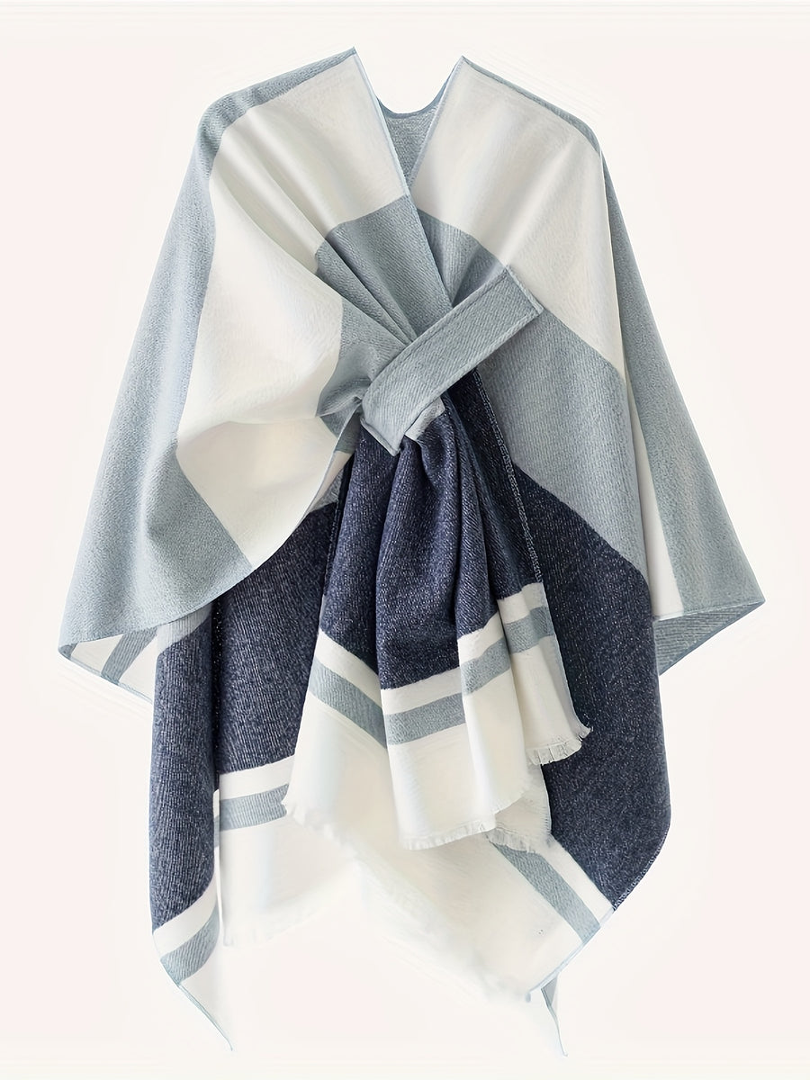 Women's Fashion Classic Striped Color Block Pattern Autumn and Winter Windproof Buttoned Travel Wrap Coat - Sky Blue